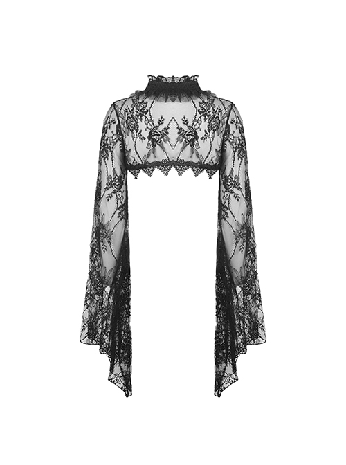 Gothic Style Dark Sexy Hollow Lace Mesh Trumpet Sleeve Butterfly Button Black Cape