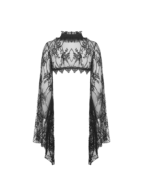 Gothic Style Dark Sexy Hollow Lace Mesh Trumpet Sleeve Butterfly Button Black Cape