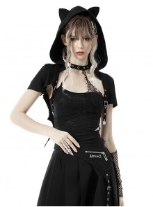 Punk Style Cute Cat Ears Love Cat Tail Unique Bat Wings Tail Cool Black Hooded Short Cloak