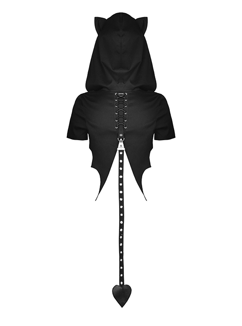 Punk Style Cute Cat Ears Love Cat Tail Unique Bat Wings Tail Cool Black Hooded Short Cloak