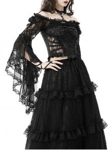 Gothic Style Gorgeous Dark One Shoulder Sexy Mesh Lace Retro Trumpet Sleeve Black Cape