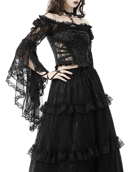 Gothic Style Gorgeous Dark One Shoulder Sexy Mesh Lace Retro Trumpet Sleeve Black Cape