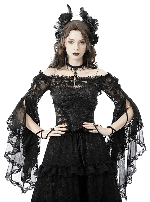 Gothic Style Gorgeous Dark One Shoulder Sexy Mesh Lace Retro Trumpet Sleeve Black Cape