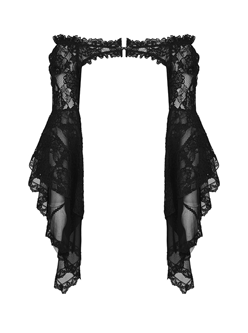 Gothic Style Gorgeous Dark One Shoulder Sexy Mesh Lace Retro Trumpet Sleeve Black Cape