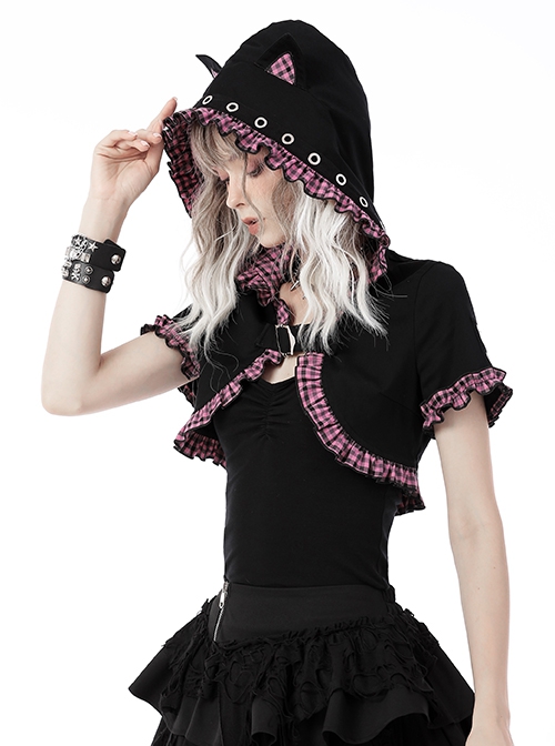 Gothic Style Cute Cat Ears Big Brim Black And Pink Plaid Lace Color Blocked Hooded Short Cloak