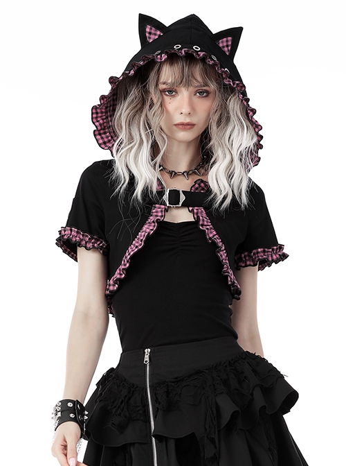 Gothic Style Cute Cat Ears Big Brim Black And Pink Plaid Lace Color Blocked Hooded Short Cloak