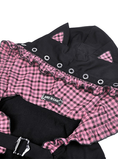 Gothic Style Cute Cat Ears Big Brim Black And Pink Plaid Lace Color Blocked Hooded Short Cloak