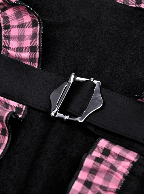 Gothic Style Cute Cat Ears Big Brim Black And Pink Plaid Lace Color Blocked Hooded Short Cloak