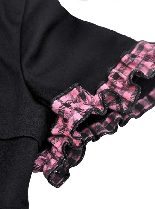 Gothic Style Cute Cat Ears Big Brim Black And Pink Plaid Lace Color Blocked Hooded Short Cloak