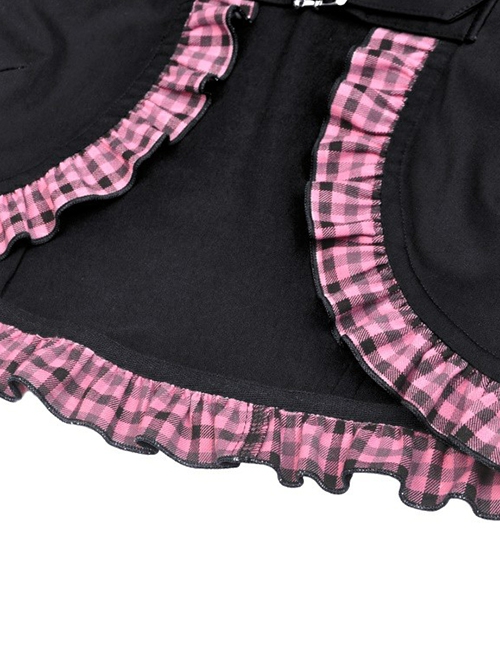 Gothic Style Cute Cat Ears Big Brim Black And Pink Plaid Lace Color Blocked Hooded Short Cloak