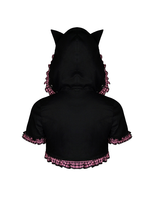 Gothic Style Cute Cat Ears Big Brim Black And Pink Plaid Lace Color Blocked Hooded Short Cloak