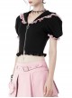 Gothic Style Cute Cat Ears Pink Lace Embellished Puff Sleeves Heart Shaped Zipper Black Hooded Top