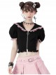 Gothic Style Cute Cat Ears Pink Lace Embellished Puff Sleeves Heart Shaped Zipper Black Hooded Top