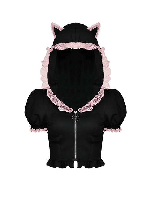 Gothic Style Cute Cat Ears Pink Lace Embellished Puff Sleeves Heart Shaped Zipper Black Hooded Top