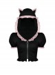 Gothic Style Cute Cat Ears Pink Lace Embellished Puff Sleeves Heart Shaped Zipper Black Hooded Top