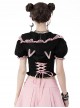 Gothic Style Cute Cat Ears Pink Lace Embellished Puff Sleeves Heart Shaped Zipper Black Hooded Top