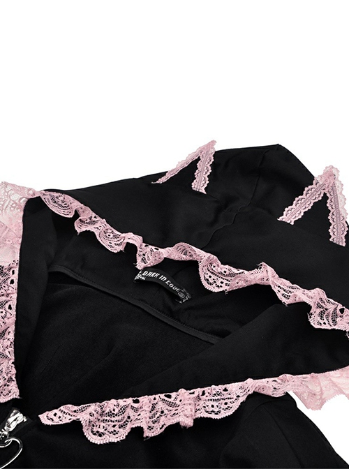 Gothic Style Cute Cat Ears Pink Lace Embellished Puff Sleeves Heart Shaped Zipper Black Hooded Top