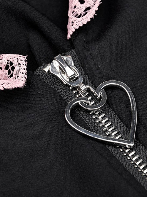 Gothic Style Cute Cat Ears Pink Lace Embellished Puff Sleeves Heart Shaped Zipper Black Hooded Top