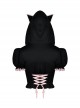 Gothic Style Cute Cat Ears Pink Lace Embellished Puff Sleeves Heart Shaped Zipper Black Hooded Top