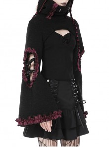 Dark Gothic Style Turtleneck Wool Hollow Trumpet Sleeves Black And Pink Plaid Lace Shawl