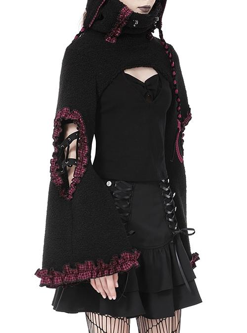 Dark Gothic Style Turtleneck Wool Hollow Trumpet Sleeves Black And Pink Plaid Lace Shawl