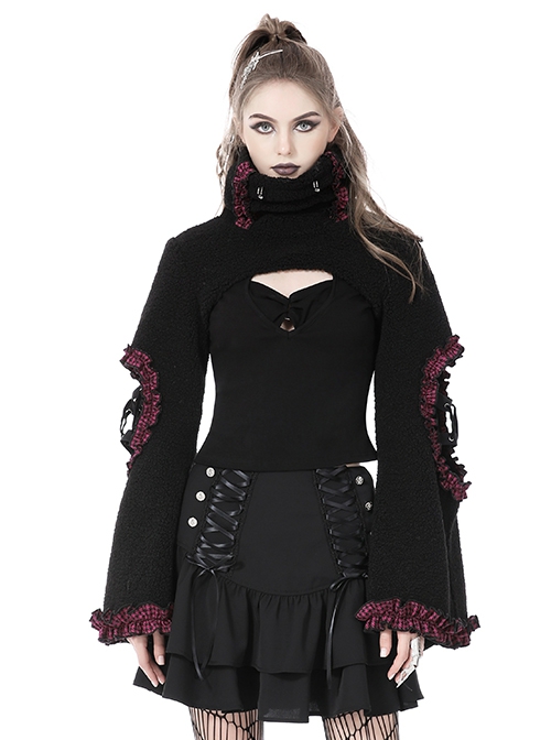 Dark Gothic Style Turtleneck Wool Hollow Trumpet Sleeves Black And Pink Plaid Lace Shawl