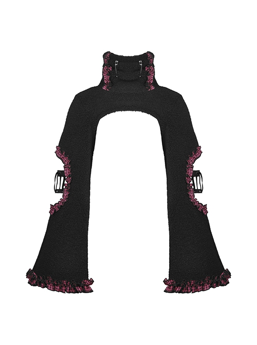 Dark Gothic Style Turtleneck Wool Hollow Trumpet Sleeves Black And Pink Plaid Lace Shawl