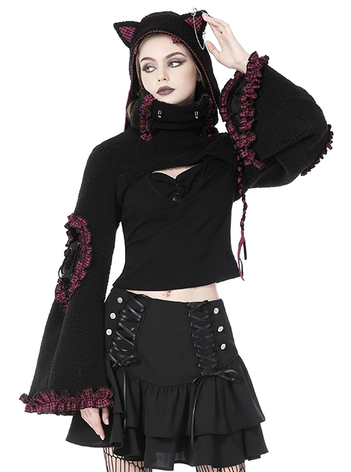 Dark Gothic Style Turtleneck Wool Hollow Trumpet Sleeves Black And Pink Plaid Lace Shawl