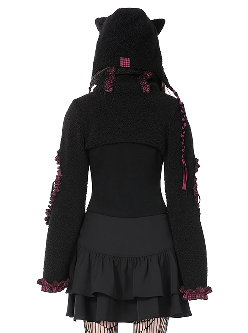 Dark Gothic Style Turtleneck Wool Hollow Trumpet Sleeves Black And Pink Plaid Lace Shawl