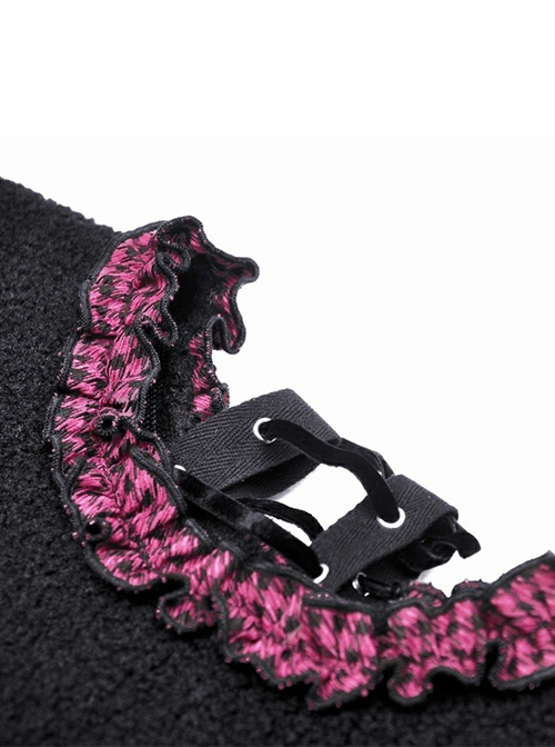 Dark Gothic Style Turtleneck Wool Hollow Trumpet Sleeves Black And Pink Plaid Lace Shawl