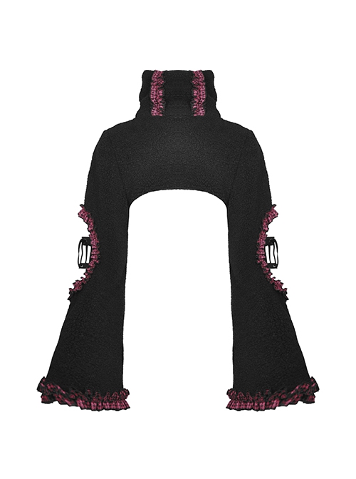 Dark Gothic Style Turtleneck Wool Hollow Trumpet Sleeves Black And Pink Plaid Lace Shawl