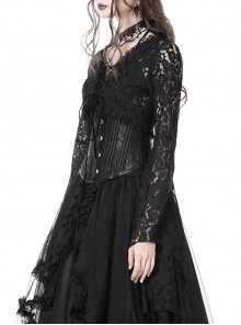 Gothic Style Black Lace Mesh Irregular Bell Sleeves Velvet Drawstring Dark Witch Shawl