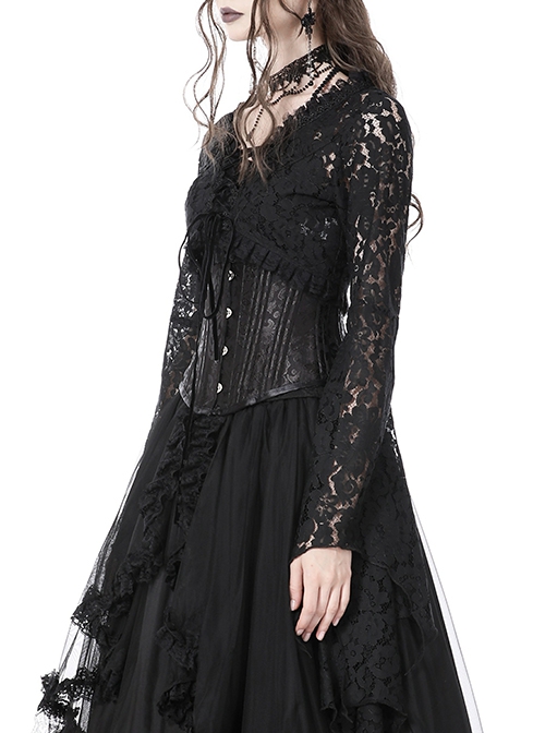 Gothic Style Black Lace Mesh Irregular Trumpet Sleeves Velvet Drawstring Dark Witch Shawl