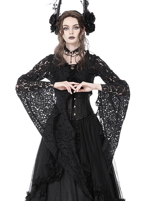 Gothic Style Black Lace Mesh Irregular Trumpet Sleeves Velvet Drawstring Dark Witch Shawl