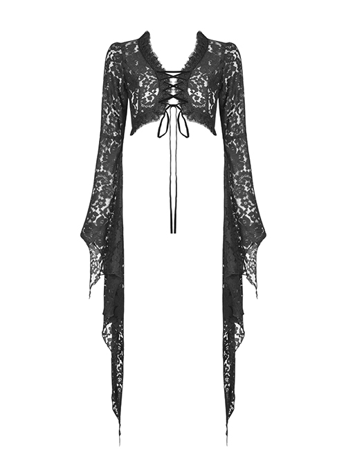 Gothic Style Black Lace Mesh Irregular Trumpet Sleeves Velvet Drawstring Dark Witch Shawl