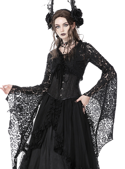 Gothic Style Black Lace Mesh Irregular Trumpet Sleeves Velvet Drawstring Dark Witch Shawl