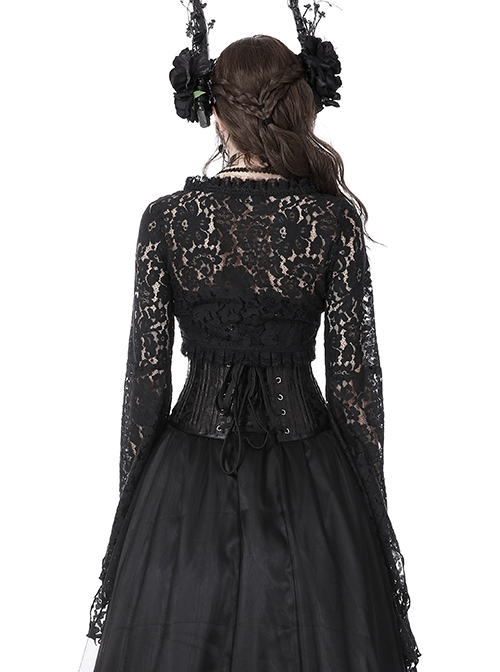 Gothic Style Black Lace Mesh Irregular Trumpet Sleeves Velvet Drawstring Dark Witch Shawl
