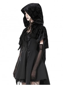 Gothic Style Velvet Material Unique Skull Print Short Spiked Hem Loose Hooded Cape