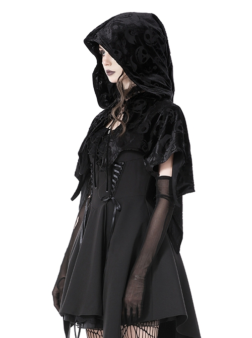 Gothic Style Velvet Material Unique Skull Print Short Spiked Hem Loose Hooded Cape