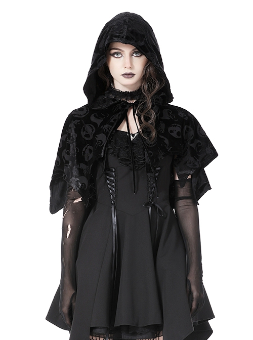 Gothic Style Velvet Material Unique Skull Print Short Spiked Hem Loose Hooded Cape