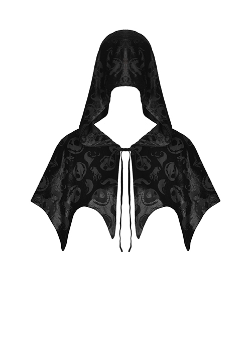 Gothic Style Velvet Material Unique Skull Print Short Spiked Hem Loose Hooded Cape