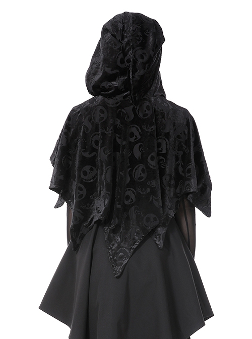 Gothic Style Velvet Material Unique Skull Print Short Spiked Hem Loose Hooded Cape