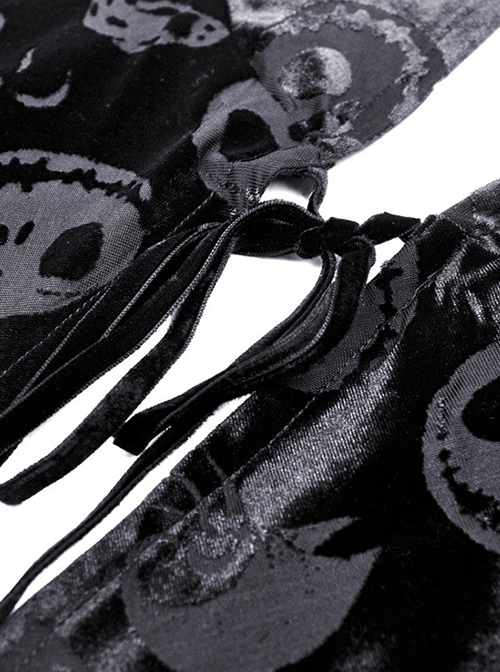 Gothic Style Velvet Material Unique Skull Print Short Spiked Hem Loose Hooded Cape