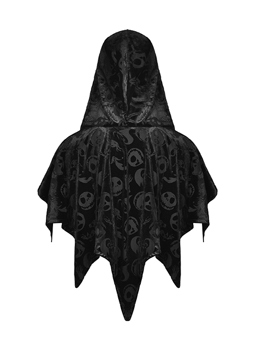 Gothic Style Velvet Material Unique Skull Print Short Spiked Hem Loose Hooded Cape