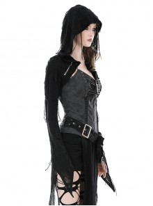 Gothic Style Dark Hollow Spider Web Gauze Irregular Bell Sleeves Black Hooded Shawl