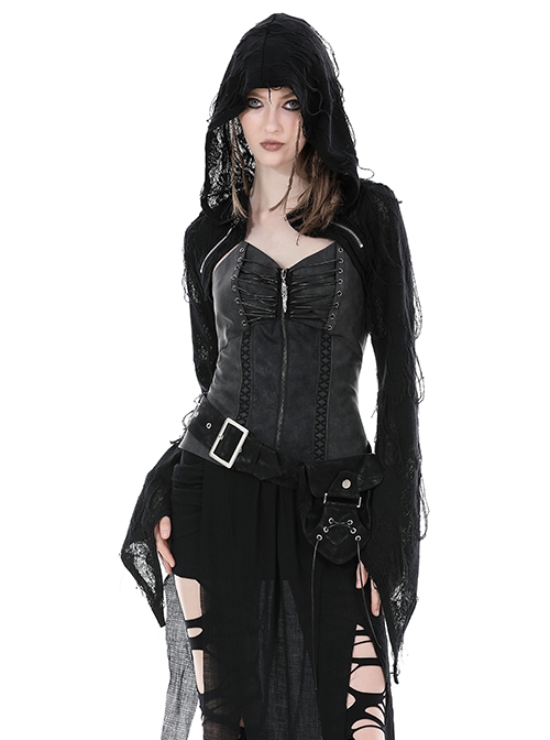 Gothic Style Dark Hollow Spider Web Gauze Irregular Trumpet Sleeves Black Hooded Shawl