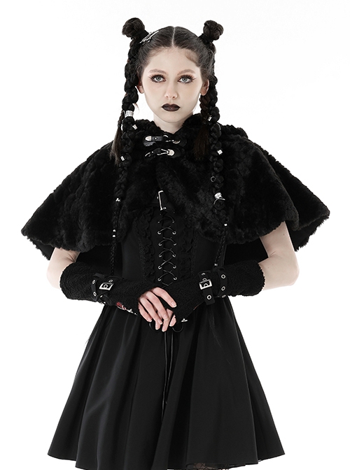 Dark Gothic Style Plush Bear Ears Metal Buckle Design Warm Windproof Black Hooded Short Cape