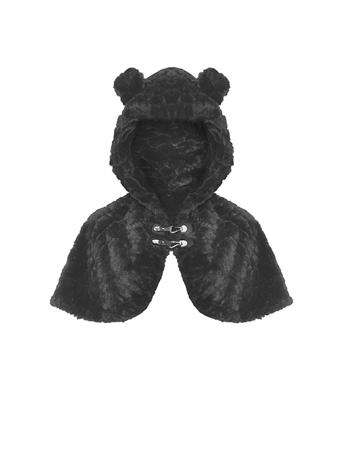 Dark Gothic Style Plush Bear Ears Metal Buckle Design Warm Windproof Black Hooded Short Cape