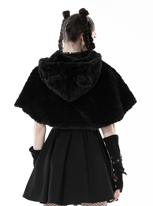 Dark Gothic Style Plush Bear Ears Metal Buckle Design Warm Windproof Black Hooded Short Cape
