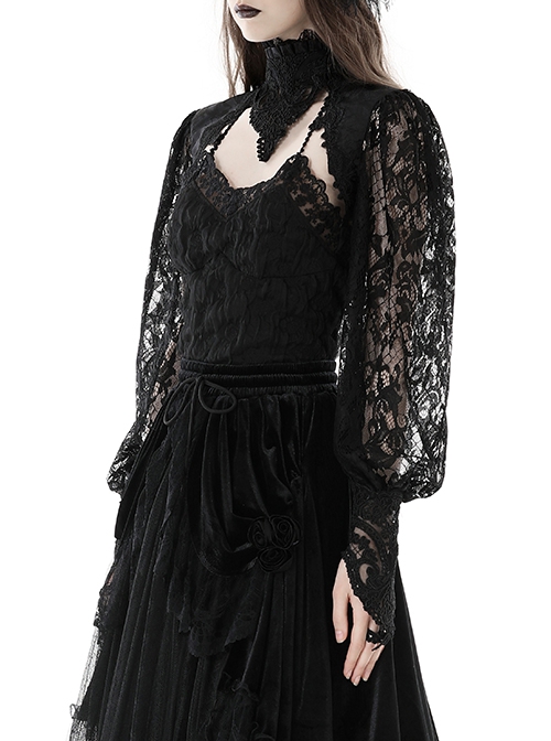 Gothic Style Exquisite Dark Pattern Retro Lace Stitching Stand Collar Long Sleeves Hollow Black Cape